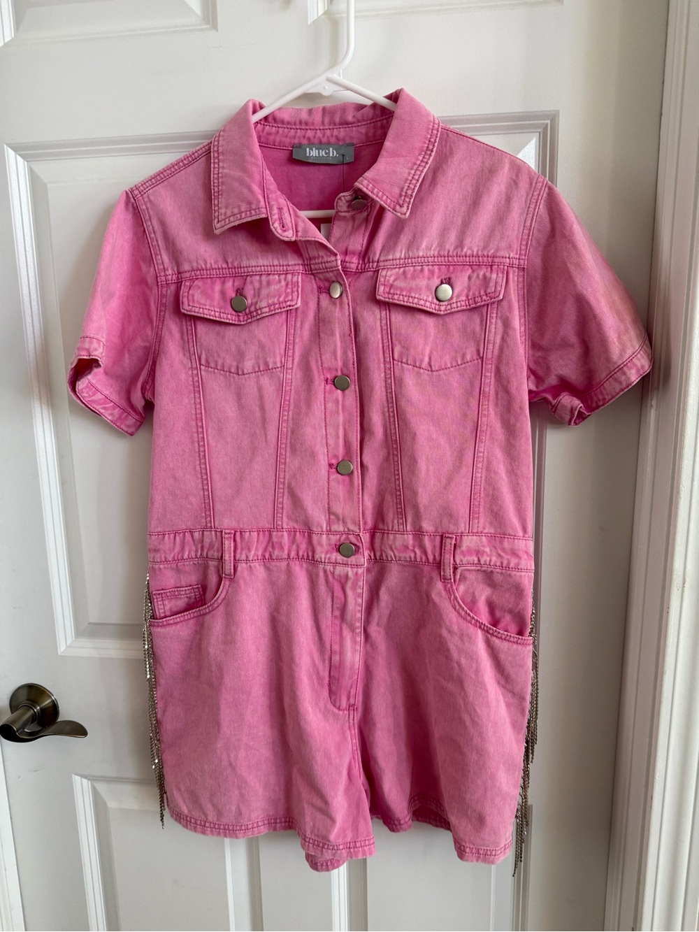 Blue B Pink Denim Shortalls Romper with Collar